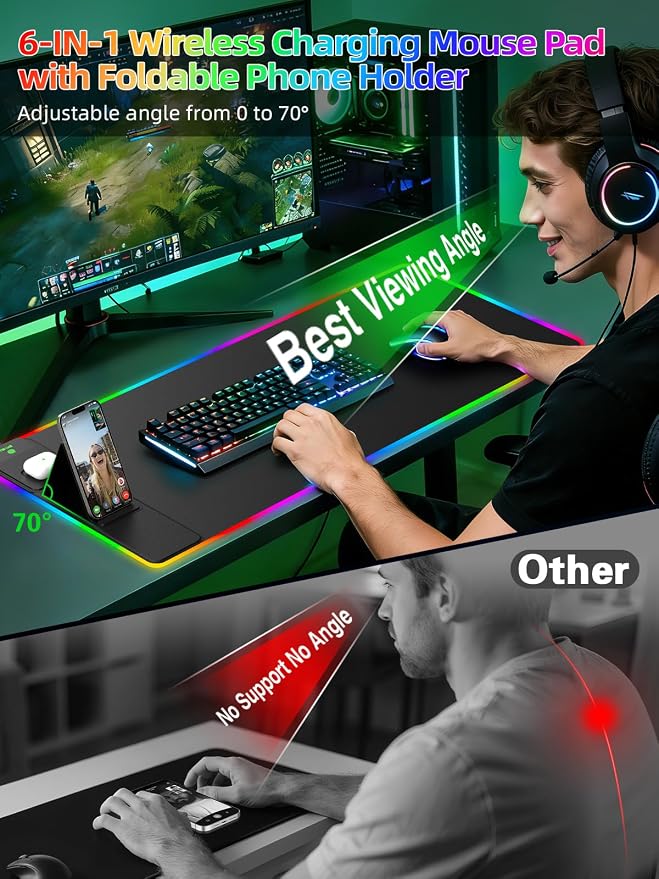 Mouse Pad with Wireless Charger Foldable Phone Holder, XXL RGB Gaming Mousepad - Image 2