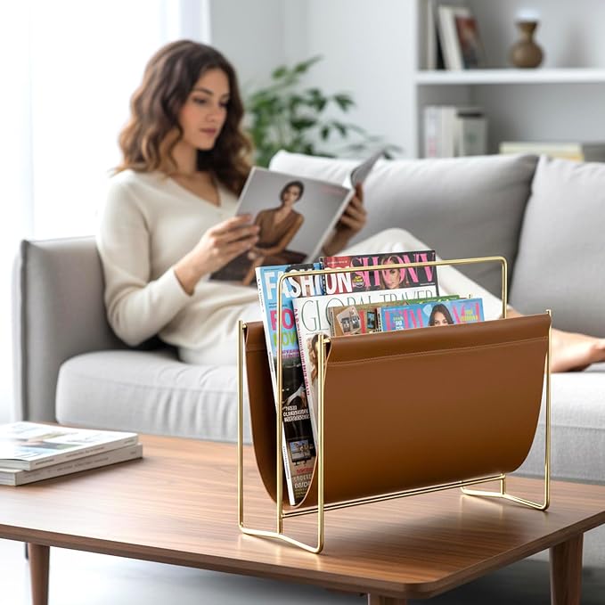 MyGift Magazine Holder Magazine Rack Floor 15-Inch Modern Brown Leatherette & - Image 4