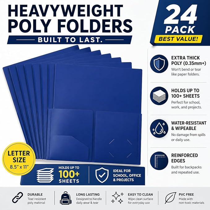 Better Office Products Heavyweight Plastic 2 Pocket Portfolio Folder, Letter - Image 2