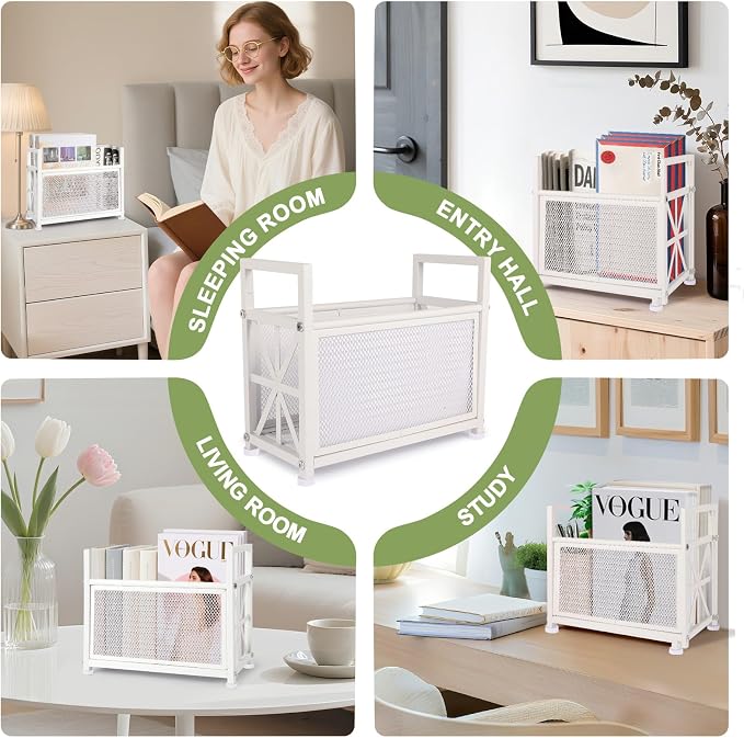 White Magazine Holder, Metal Magazine Rack Floor, Magazine Storage Basket - Image 5