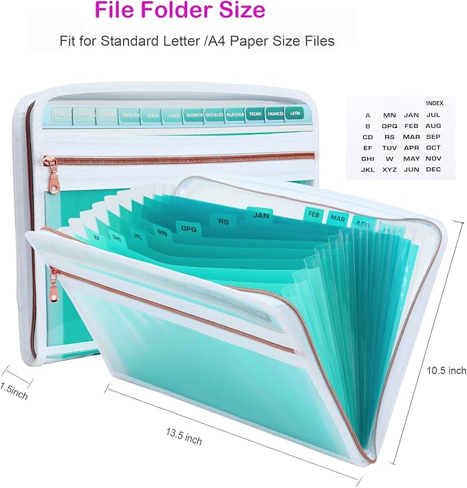 MEGREZ Expanding Folder with 13 Pockets, 2 Pack A4 Paper Folder with Zipper - Image 3