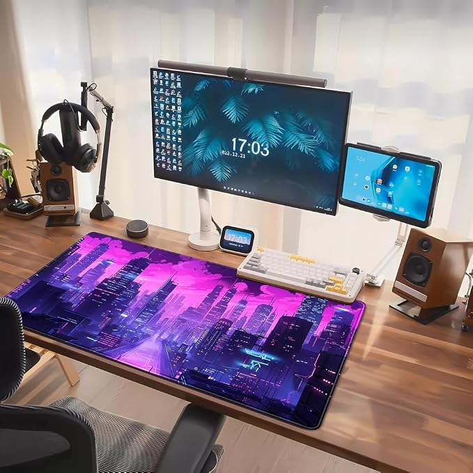 Cyberpunk Neon Purple City Gaming Desk Mouse Pad XL Pink Extended Mouse Pad - Image 7