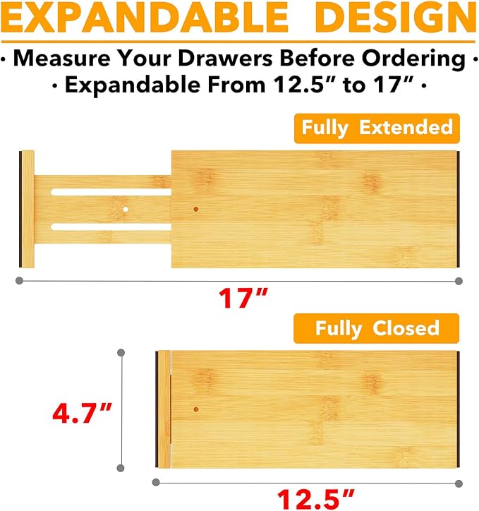 SpaceAid Bamboo Dresser Drawer Dividers 6 Pack, 4.65“ High Adjustable 12.5“-17” - Image 3