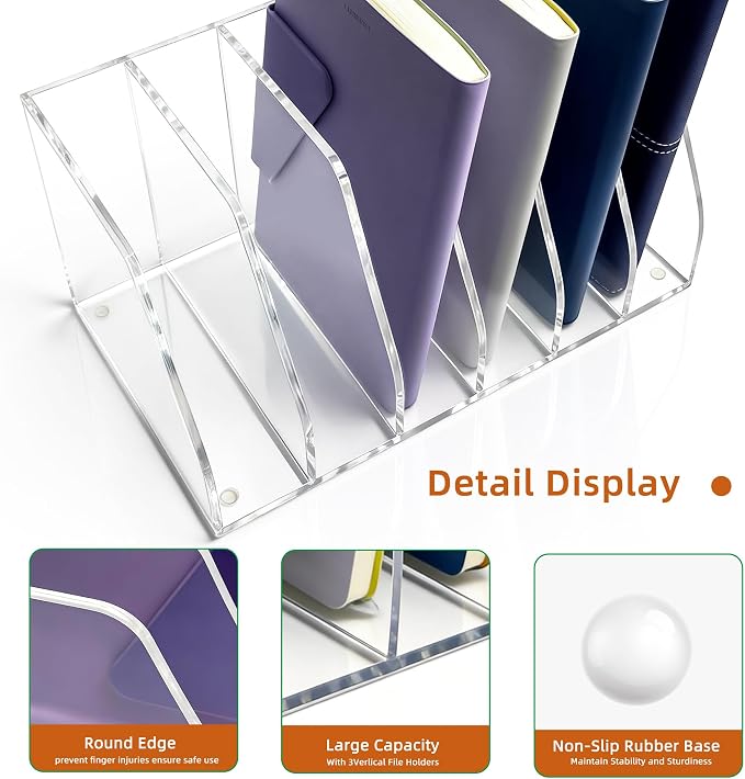 Acrylic Magazine File Holder, 6 Vertical Compartments Desk Document Sorter - Image 3
