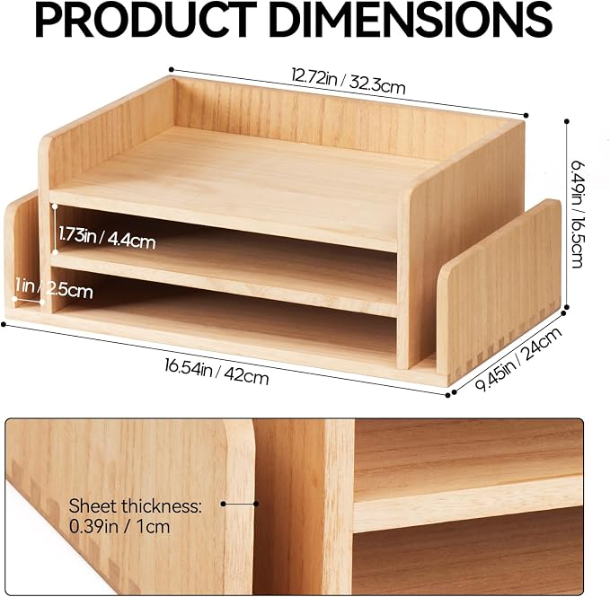 KIRIGEN Wood Desk Organizer 5 Trays, 3-Tier Desktop Document Letter Tray - Image 6