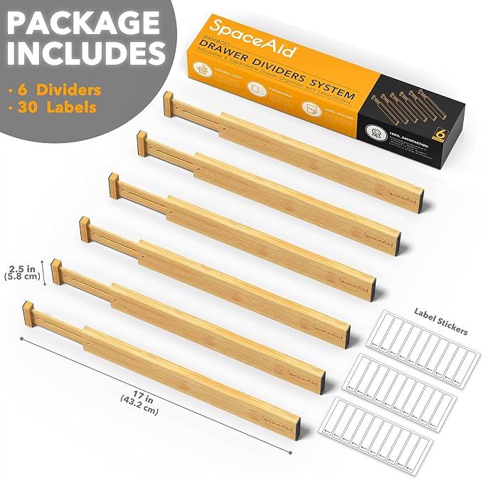 SpaceAid Bamboo Drawer Dividers Kitchen Adjustable Drawer Organizers, - Image 2