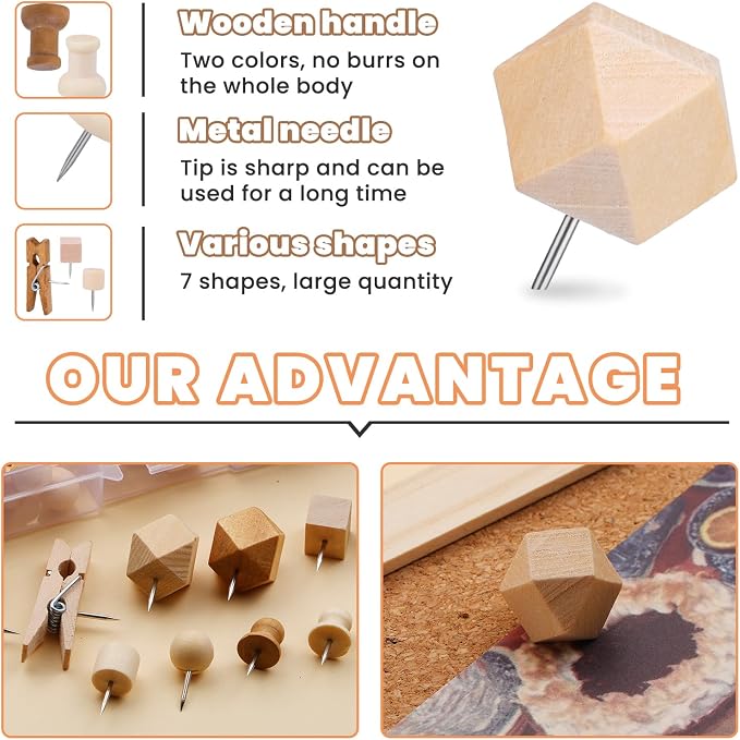 TLKKUE 118 Pieces Wooden Push Pins, 7 Style Wood Push Pins Decorative Thumb - Image 3