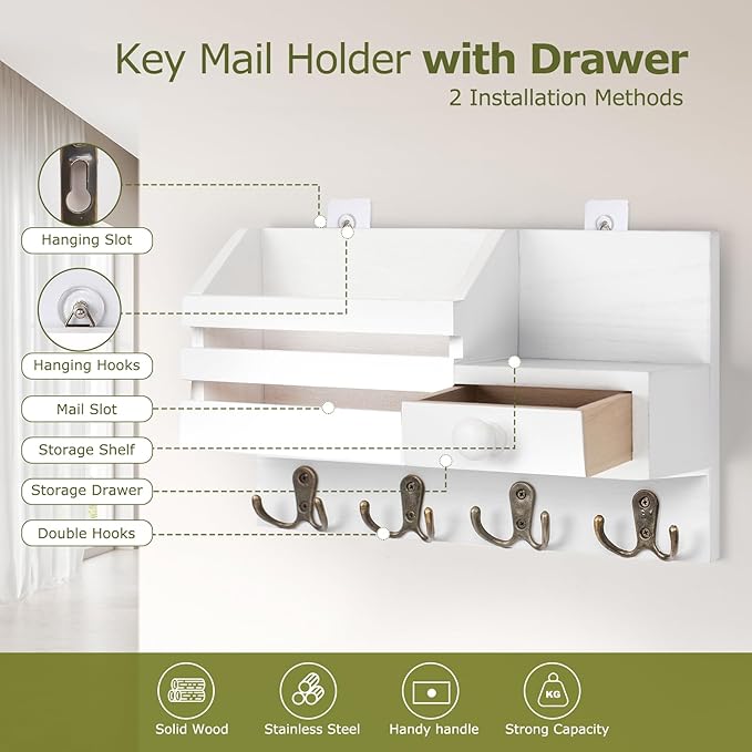 Key Holder Wall Mount, Wooden Adhesive Mail and Key Organizer - Image 3