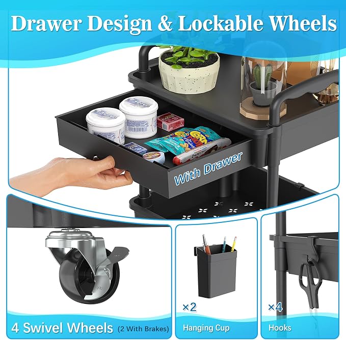 SUNALLY 4 Tier Rolling Utility Cart - Image 3