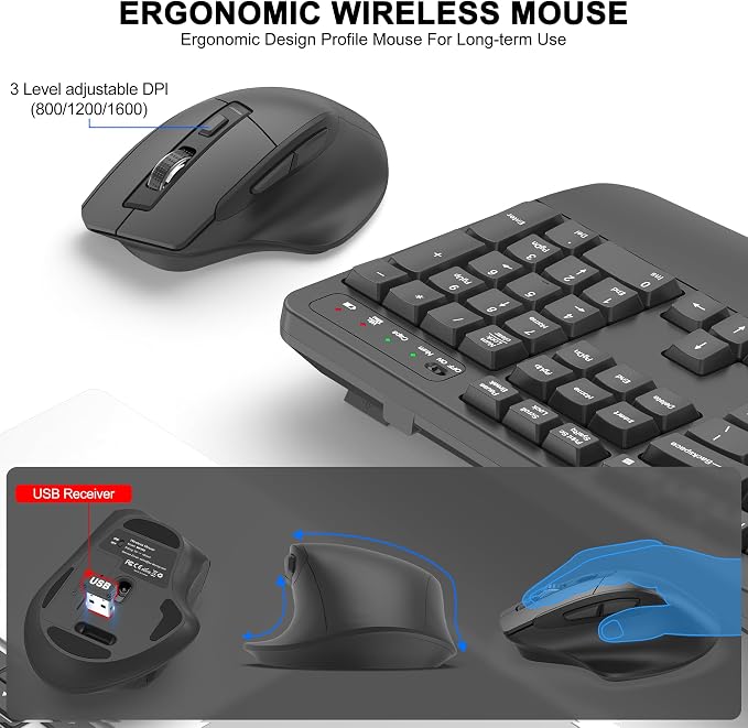 Wireless Keyboard and Mouse Combo, 2.4G Full Size Wave Keys Ergonomic Keyboard - Image 4