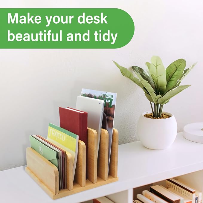 Desk File Mail Organizer Countertop, 5 Slots Bamboo Folder Sorter Holder - Image 5