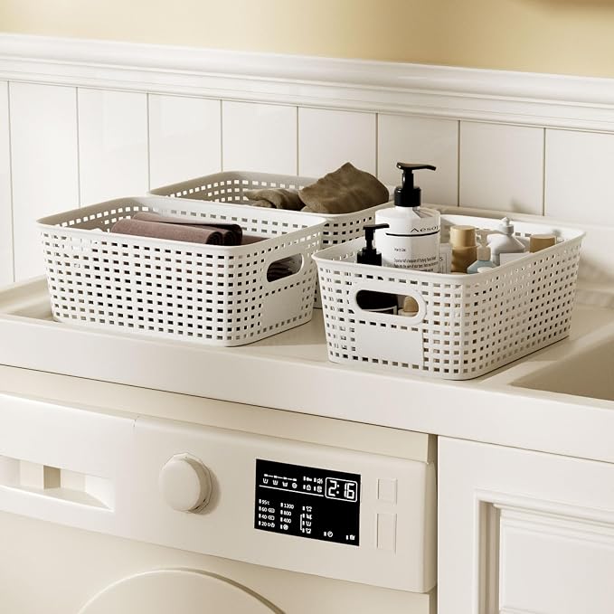6Pcs Storage Bins with Lids, Stackable Plastic Storage Basket with Bamboo Lid - Image 7