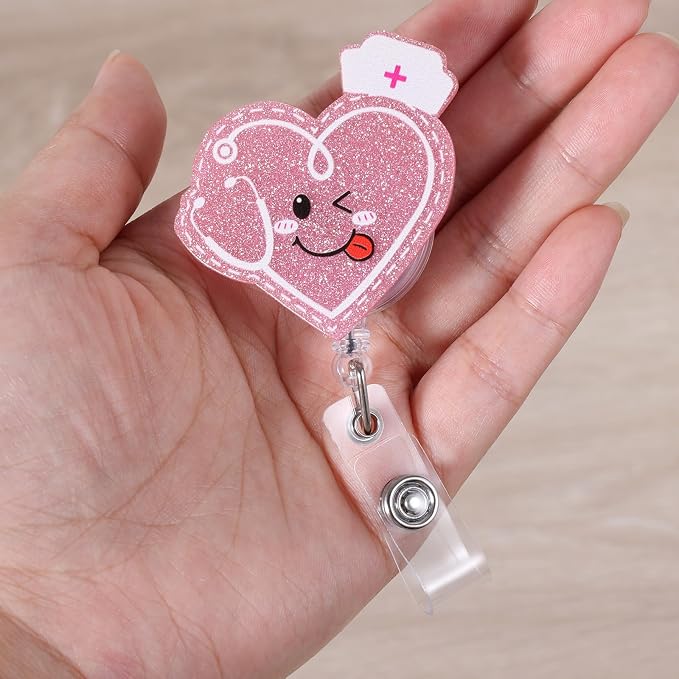 Cute Nurse Heart Stethoscope Retractable Badge Reel CNA MA ID Holder Pink | - Image 3