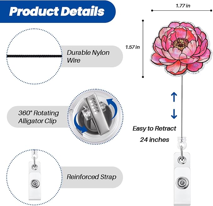 Pink Peony Floral Funny Nurse Badge Reel, Cute Elegant Flower Design - Image 2