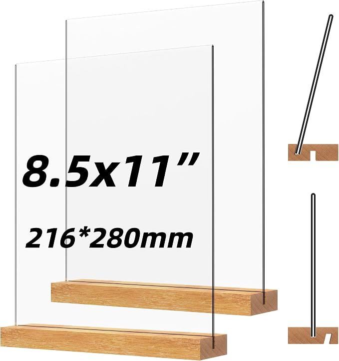 Acrylic Sign Holder with Wood Base 8.5x11 Inch Vertical and Slant Displays by JDEA