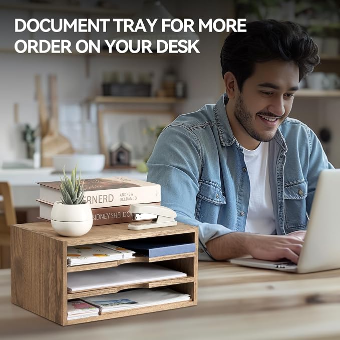 KIRIGEN Wooden Desktop Organizer, 3 Tier Solid Wood Letter Tray and Paper File - Image 7