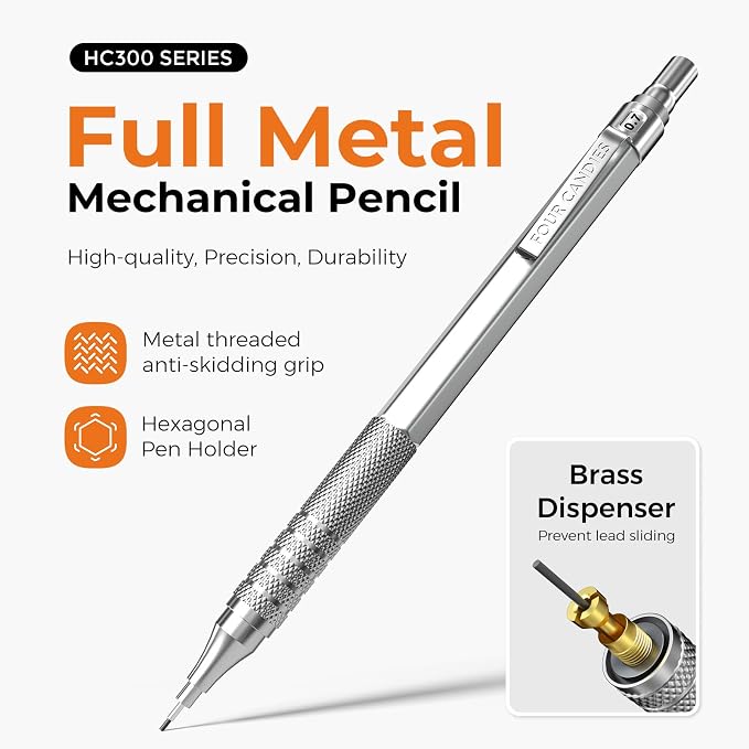 Four Candies 2PCS 0.5mm & 0.7 mm Metal Mechanical Pencils Set, 12 Erasers - Image 2