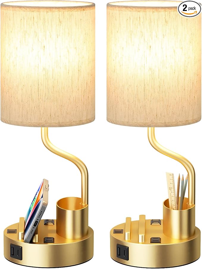 Gold Bedside Table Lamps for Bedroom Set of 2 by Fenmzeelighting