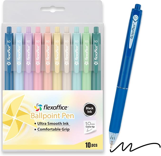 FLEXOFFICE 10-Count Retractable Ballpoint Pens, Medium Point 1.0mm, Pastel by FlexOffice