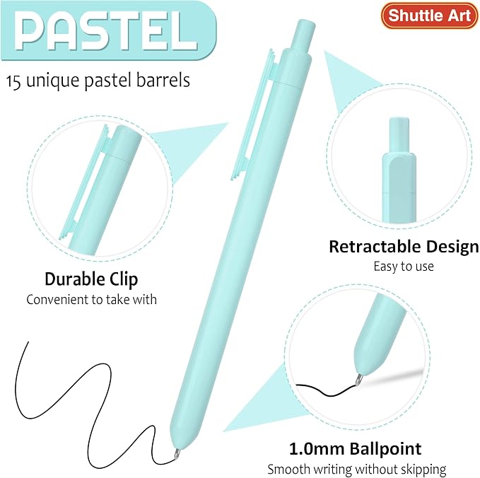 Shuttle Art Ballpoint Pens, 15 Pack Pastel Retractable Black Ink Ball Point Pens - Image 2