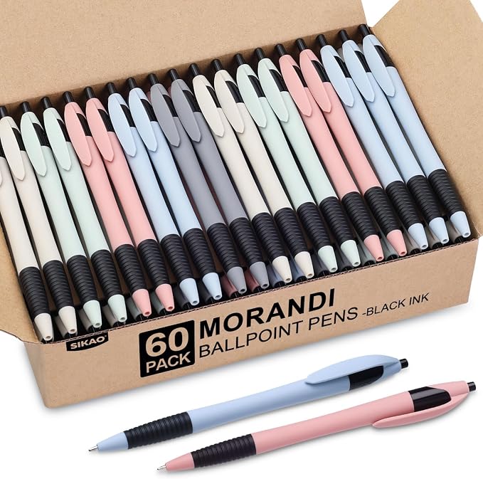 Pens Bulk, 60 Pack Gripped Slimster Ballpoint Pens -Morandi | Black Ink 1.0mm by Sikao