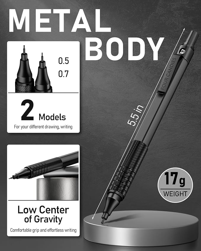 Four Candies 2PCS 0.5mm & 0.7 mm Metal Mechanical Pencils Set, 12 Erasers - Image 5