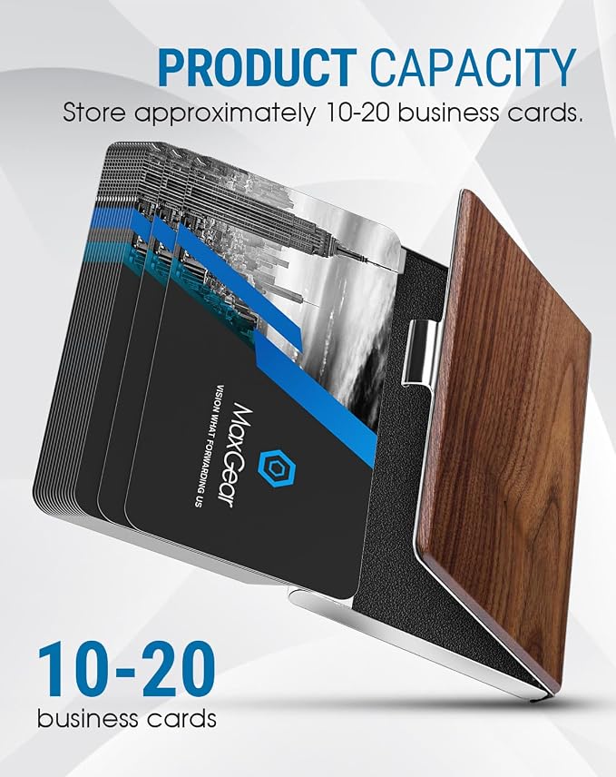 MaxGear Stainless Steel Business Card Holder, Slim Card Case, Walnut Wood | - Image 3
