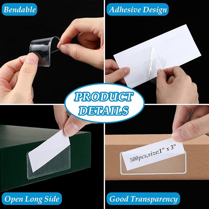Meanplan 500 Pcs Label Holder Self Adhesive Clear Pocket 3x1 Inch Plastic Shelf - Image 3