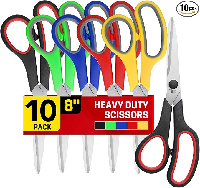 BURVAGY 8" 10 Pack All Purpose Heavy Duty Scissors- Comfort-Grip Sharp Scissors by BURVAGY