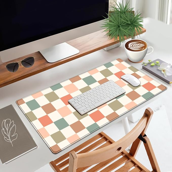 Boho Checkered Desk Mat, Retro Beige Plaid Mouse Pad Xl-31.5x15.7in-Pastel Desk - Image 6