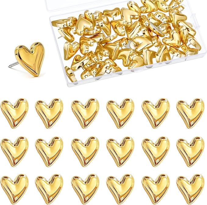 Gold Heart Push Pins 50 Pack, Decorative Thumb Tacks by Unknown