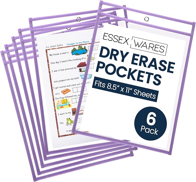 Essex Wares - 6 Pack, Light Purple, Water-Resistant Dry Erase Pocket Document by EssexWares