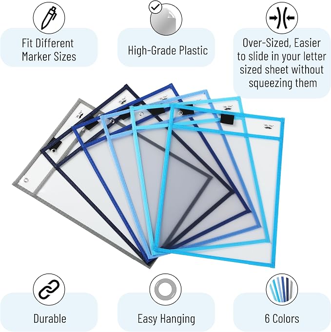 Mr. Pen- Reusable Dry Erase Pocket Sleeves, 6 Pack, Colorful | Ocean Breeze - Image 4