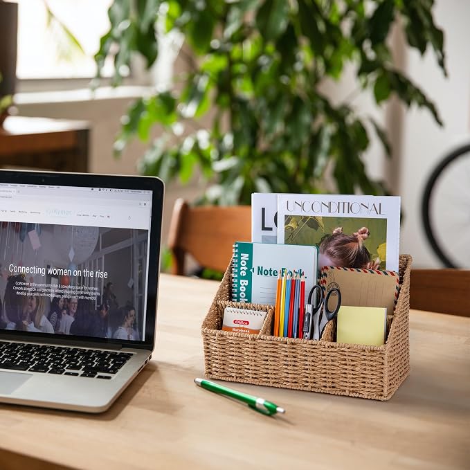 DINGTAI Rattan Desk Organizer, Tabletop Mail Holder, 5 Slot Mail Organizer - Image 2