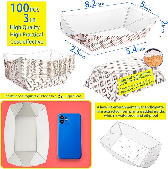 100 Pack Checkered 3Lb Paper Food Boat Trays Disposable Paper Boats, Colored - Image 2