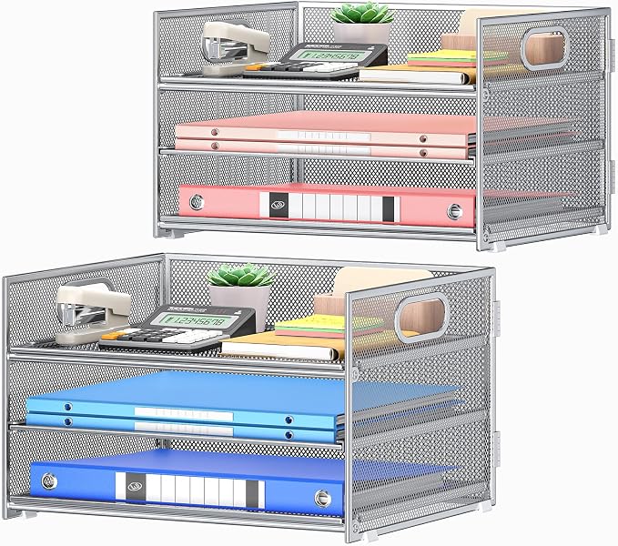 Subekyu 2-Pack 3-Tier Silver Metal Mesh Desk Paper Letter Tray & File Sorter by SUBEKYU
