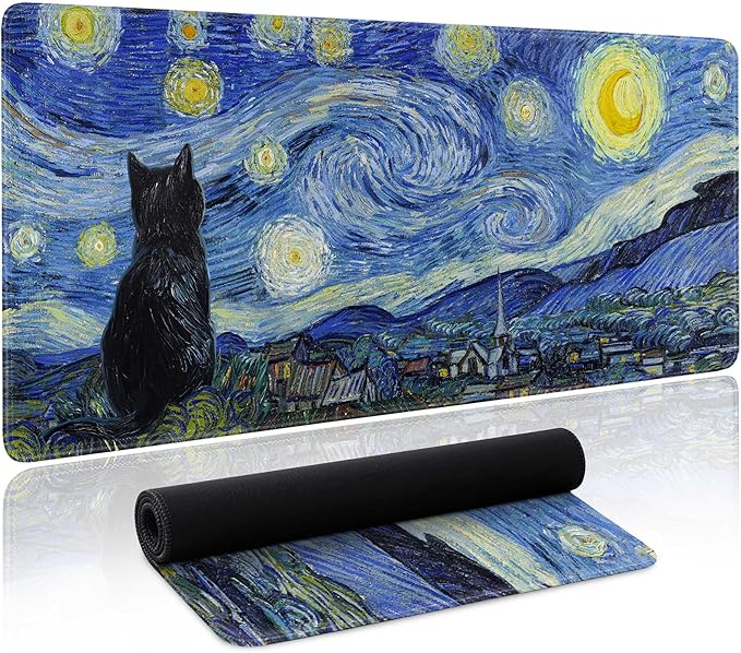 Starry Night Cat Gaming Mouse Pad Large Desk Mat Extended Keyboard Mouse Pad by Unknown