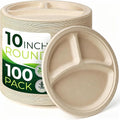100PCS 100% Compostable 10in Brown Paper Plate, 3-Compartment Heavy Duty by Birchio