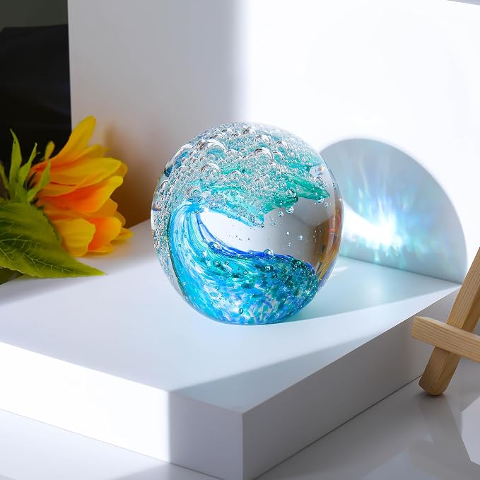 Qianwei Ocean Waves Hand Blown Glass Decor Crystal Ball Sea Figurines Gifts | - Image 2