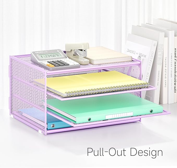 Lavatino 3-Tier Letter Tray Desk Organizer – Purple Mesh Metal Paper File Tray - Image 3