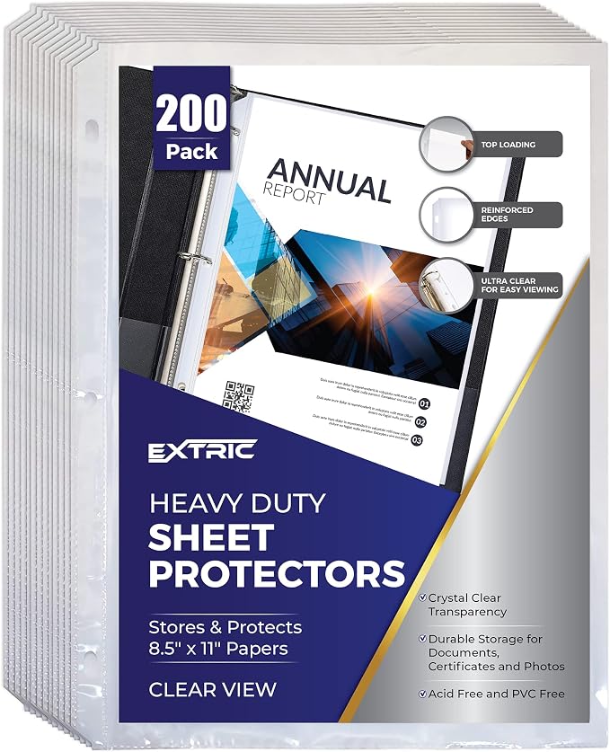 Heavy Duty Sheet Protectors for 3 Ring Binder, Top Loading Plastic Sleeves 8.5 by EXTRIC