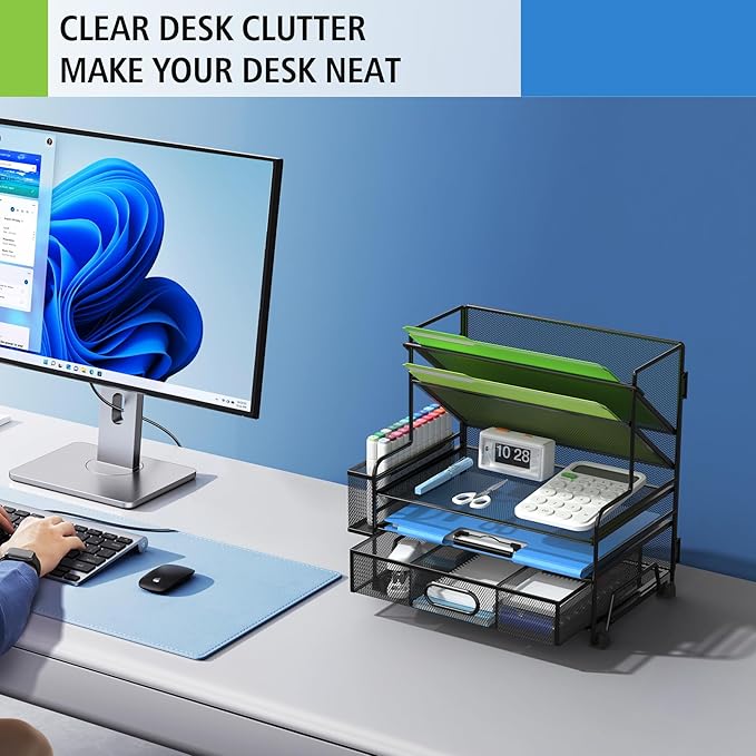 MINDEPOT 4-Tier Paper Organizer + 3-Pocket File Holder, Desktop File Organizers - Image 5