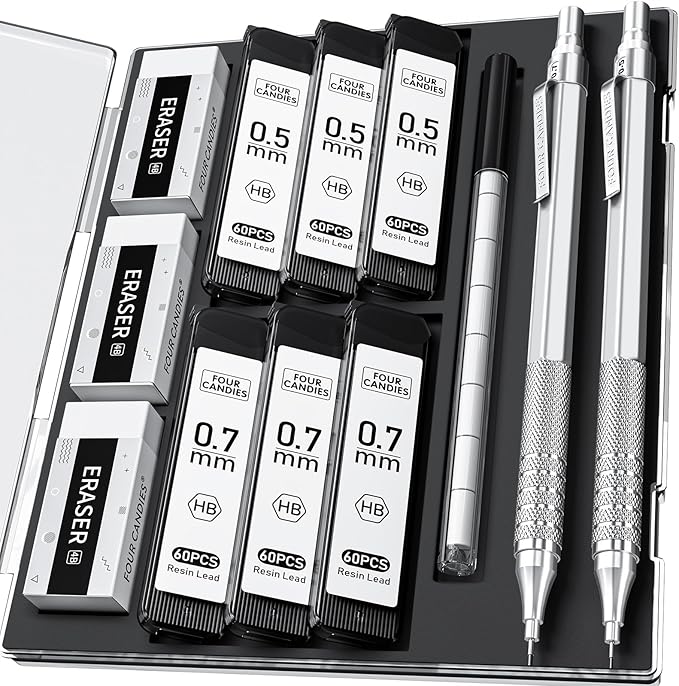 Four Candies 2PCS 0.5mm & 0.7 mm Metal Mechanical Pencils Set, 12 Erasers by FourCandies