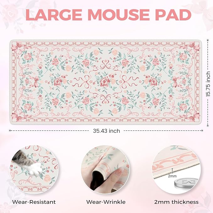iCasso Pink Desk Mat for Desktop, Cute Desk Pad for Women, Girly Bow Mouse Pad - Image 2