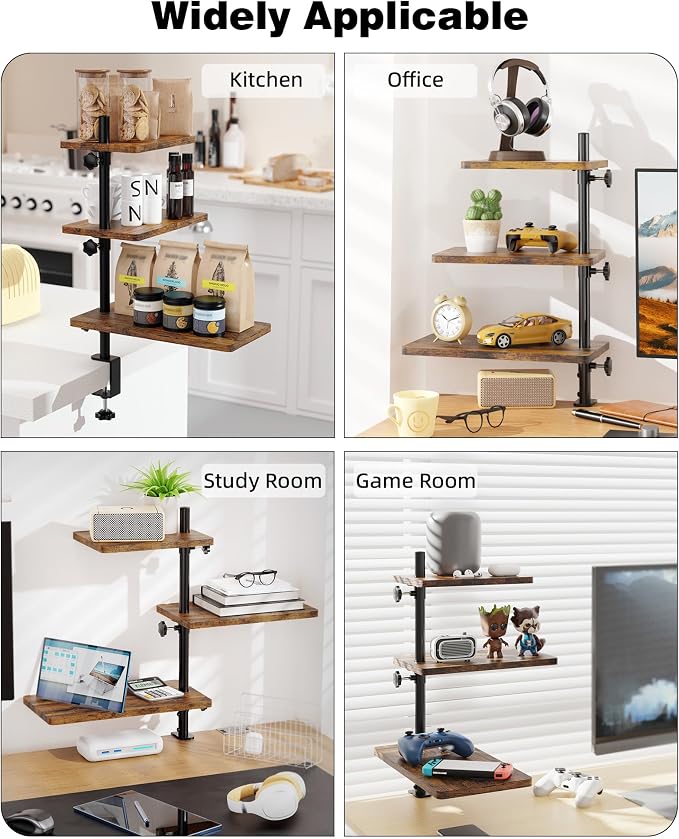 3 Tiers Clamp On Desk Shelf, 360° Angle Adjustable Desktop Shelf Organizer - Image 4