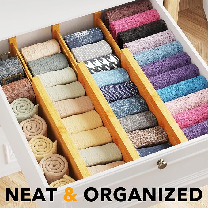 SpaceAid Bamboo Dresser Drawer Dividers 6 Pack, 4.65“ High Adjustable 12.5“-17” - Image 2