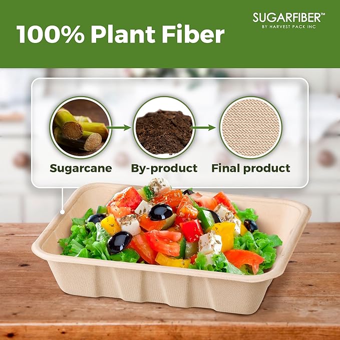 Harvest Pack 32 oz Compostable Food Trays, 8.49" x 6.45" x 1.86" Disposable - Image 3