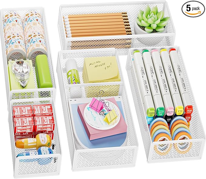 Marbrasse 5 Pack Desk Drawer Organizer Set, Mesh Drawer Storage Trays by Marbrasse