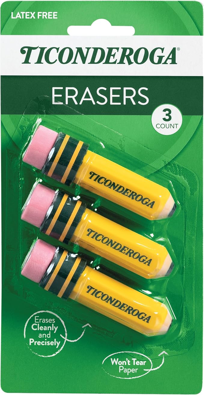 TICONDEROGA ® Erasers, Pencil Shaped, 3 ct | Yellow, 0.75" x 2.875" by Ticonderoga