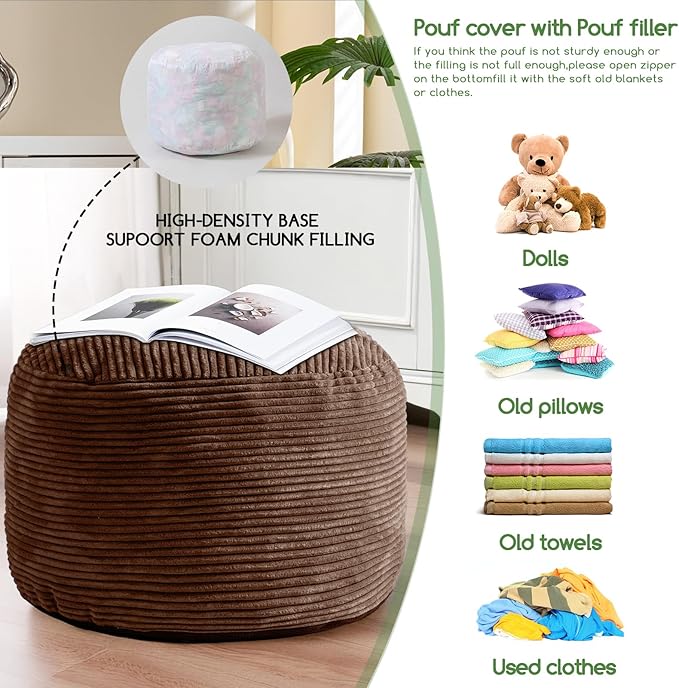 HIGOGOGO Round Stuffed Pouf Ottoman, Corduroy Poufs - Image 5